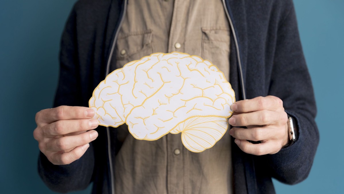 Foto do tronco de um homem branco segurando um cérebro de papel para simbolizar o mindset