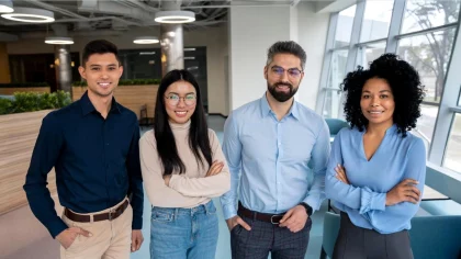 Quatro profissionais de diferentes perfis, sorrindo, em um ambiente moderno de escritório. A cena reflete diversidade, colaboração e um ambiente corporativo acolhedor, transmitindo valores de uma cultura organizacional inclusiva e positiva.