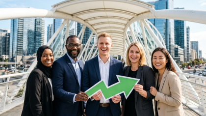 diversidade de pessoas segurando juntos um ícone de seta para cima